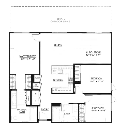 Floor plan for 3 beds, 2 baths, 1406 sqft